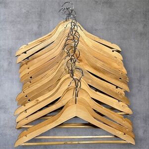 Set of 12 Natural Wood‎ Hangers with Notches and Trouser Bar